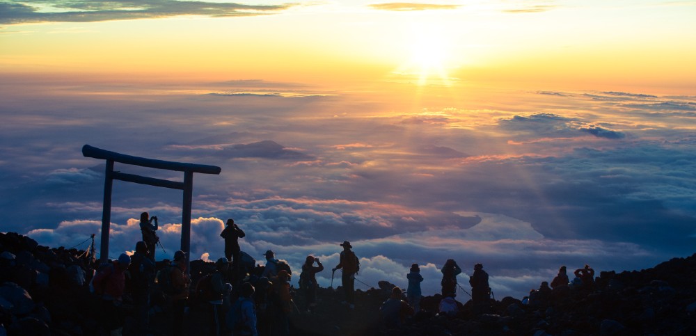 Climbing to the summit of Mt. Fuji to see the sunrise is a popular and strenuous hike.