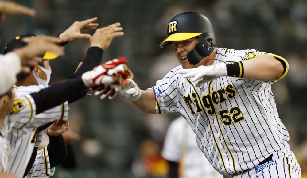 Hanshin Tigers #52 Jerry Sands celebrating a homerun.